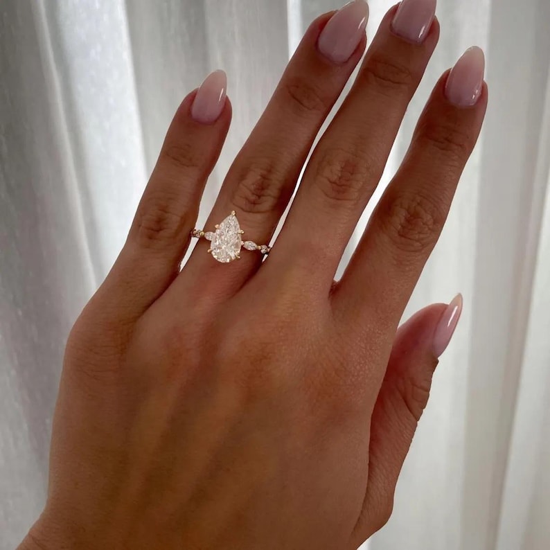 2CT Pear Moissanite Engagement Ring Pear Solitaire Ring With Marquise and Round Accent Ring Pave Half Eternity Band Pear 14k Solid Gold Ring image 3