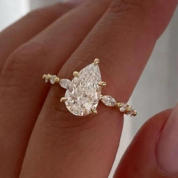 2CT Pear Moissanite Engagement Ring Pear Solitaire Ring With Marquise and Round Accent Ring Pave Half Eternity Band Pear 14k Solid Gold Ring image 1