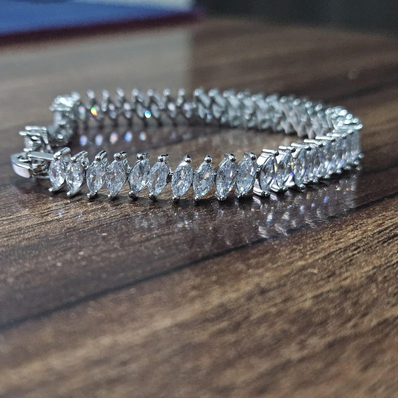 Marquise Cut Lab Diamond Tennis Bracelet, 14K Solid Gold image 4
