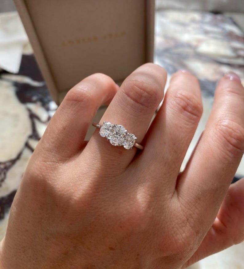 Oval Three Stone Engagement Ring, Oval Cut Moissanite Ring, D-VVS1 Oval Trilogy Ring, Oval Wedding Ring for Women, Past-Present-Future Ring. image 8