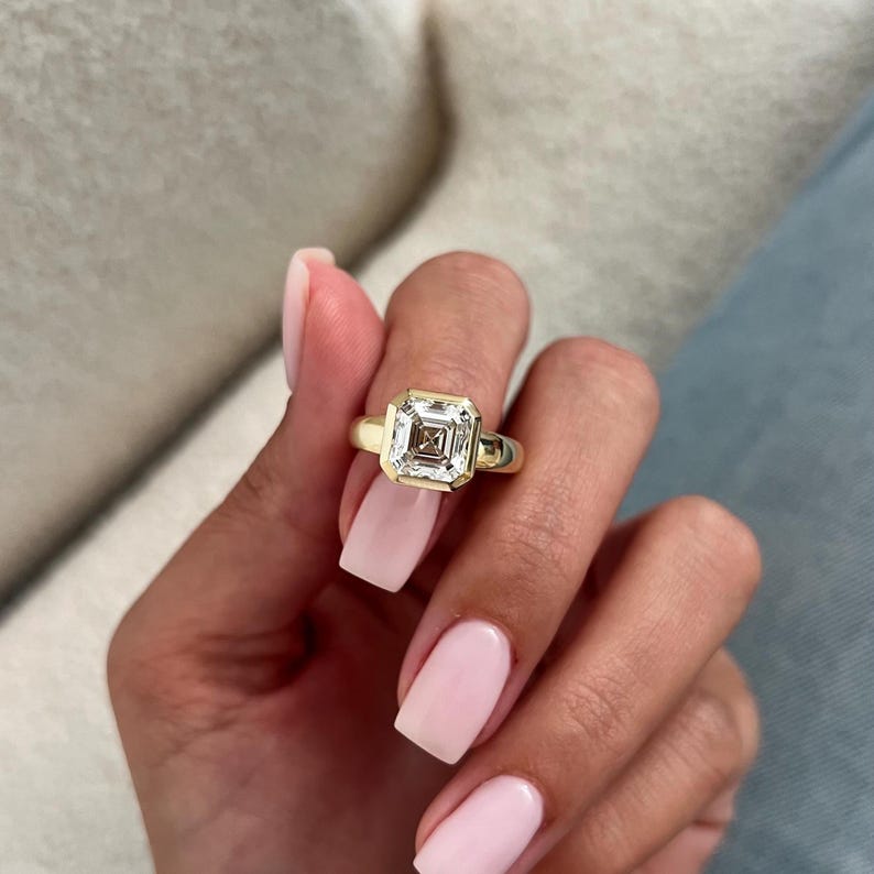 3 Carat Asscher Cut Lab Grown Diamond Solitaire Ring in 14K Yellow Gold Thick Bezel Setting image 4
