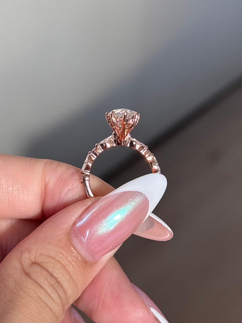 Marquise Moissanite Engagement Ring, Pave Set Band Marquise Ring, 14k Gold 3CT Marquise & Round Accent Ring, 6-Prong Marquise Solitaire Ring image 8