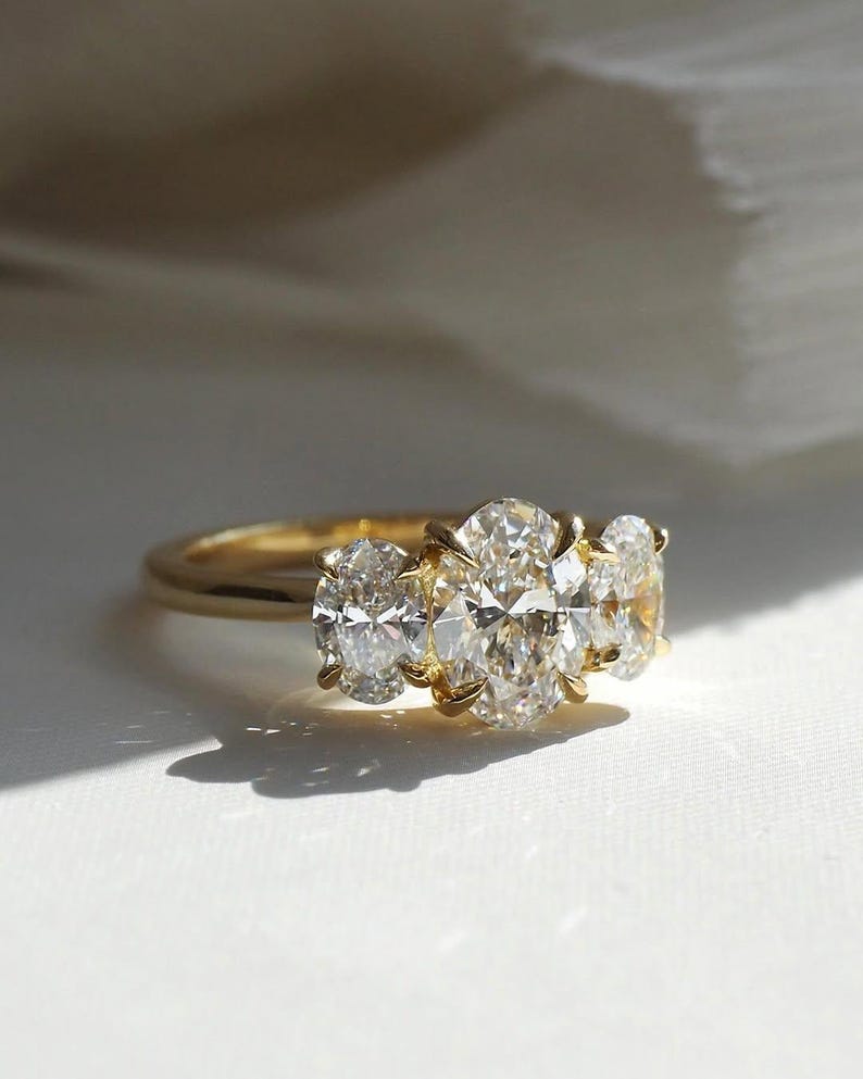 Oval Three Stone Engagement Ring, Oval Cut Moissanite Ring, D-VVS1 Oval Trilogy Ring, Oval Wedding Ring for Women, Past-Present-Future Ring. image 4