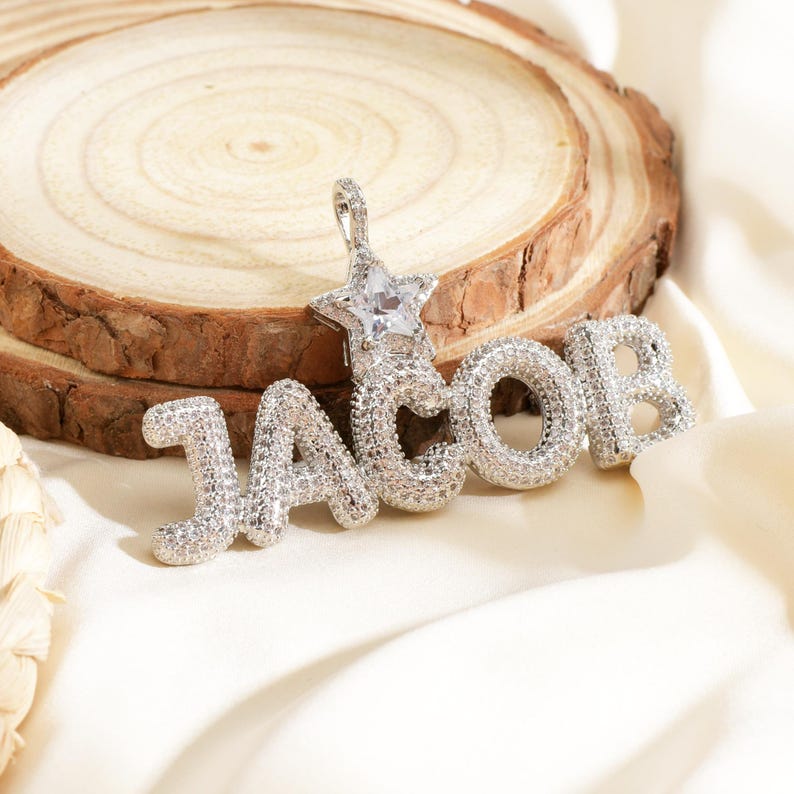 Custom Staked Words Pendant with Crown Bail, Iced Out CZ Diamond Bubble Letters Necklace,Personalised Name Jewelry Gift for Queen&King image 5