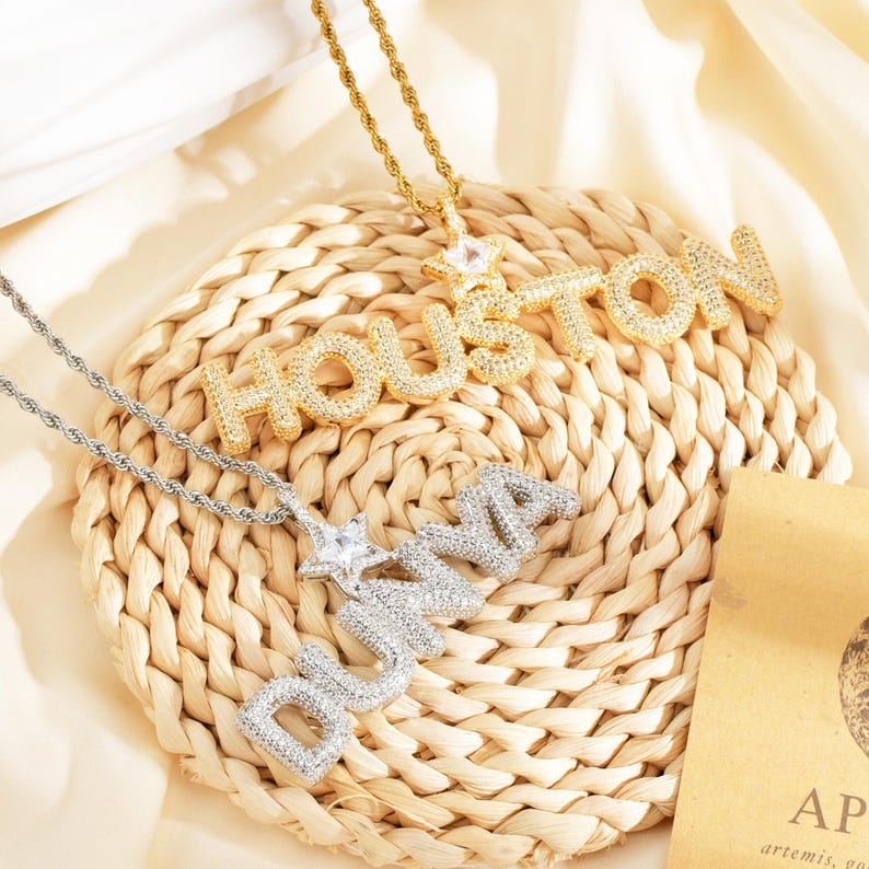 Custom Staked Words Pendant with Crown Bail, Iced Out CZ Diamond Bubble Letters Necklace,Personalised Name Jewelry Gift for Queen&King image 6