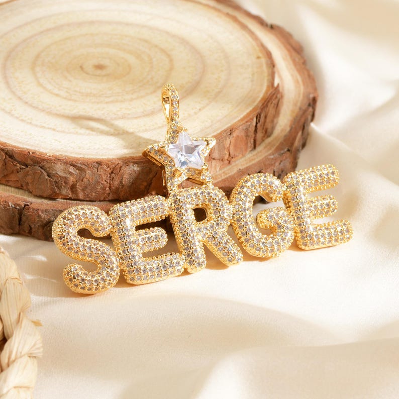 Custom Staked Words Pendant with Crown Bail, Iced Out CZ Diamond Bubble Letters Necklace,Personalised Name Jewelry Gift for Queen&King image 1