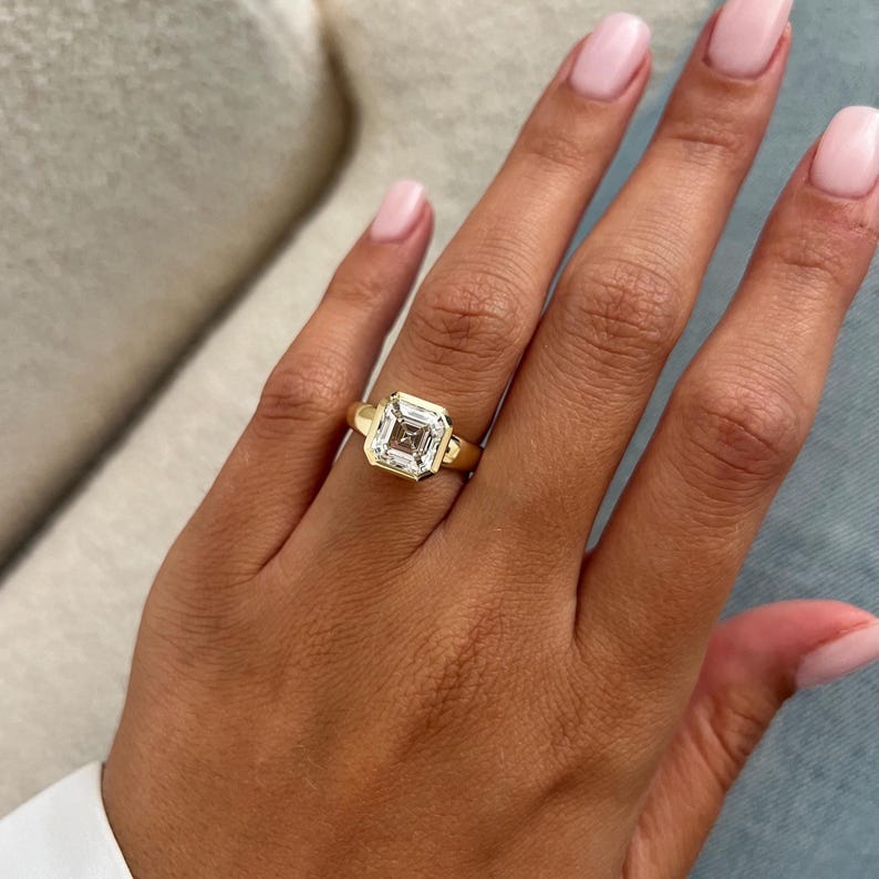 3 Carat Asscher Cut Lab Grown Diamond Solitaire Ring in 14K Yellow Gold Thick Bezel Setting image 3
