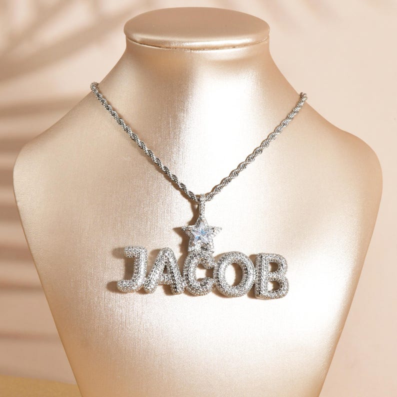 Custom Staked Words Pendant with Crown Bail, Iced Out CZ Diamond Bubble Letters Necklace,Personalised Name Jewelry Gift for Queen&King image 2