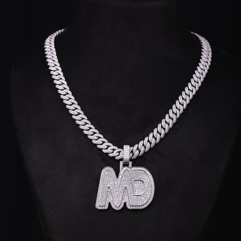 customize MD moissanite pendant. 925 silver mens moissanite charm, 2 inch wide and 2 inch height, best birthday gift, hip hop pendant, pass diamond tester, moissanite letter pendant, mens icedout chain