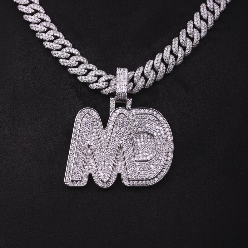 customize MD moissanite pendant. 925 silver mens moissanite charm, 2 inch wide and 2 inch height, best birthday gift, hip hop pendant, pass diamond tester, moissanite letter pendant, mens icedout chain