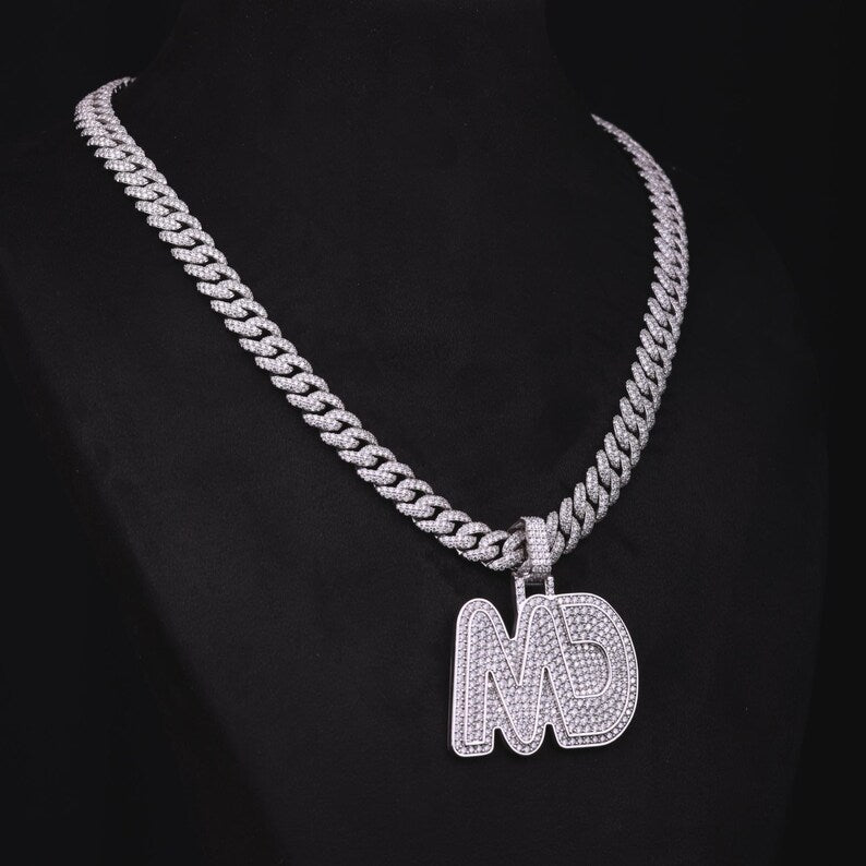 customize MD moissanite pendant. 925 silver mens moissanite charm, 2 inch wide and 2 inch height, best birthday gift, hip hop pendant, pass diamond tester, moissanite letter pendant, mens icedout chain