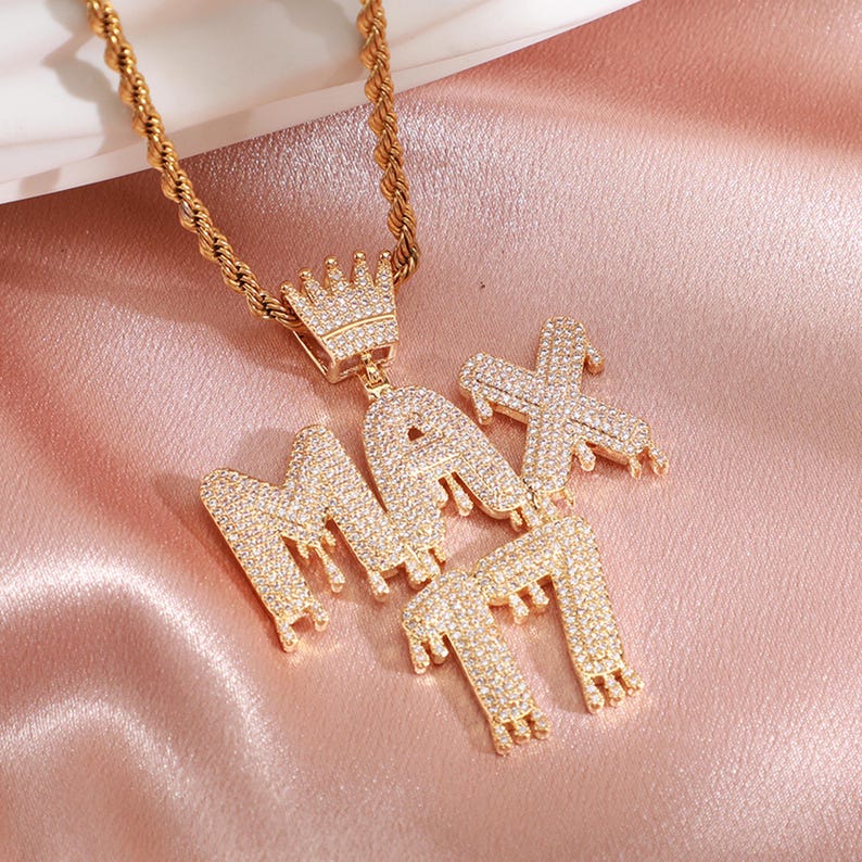 Custom Letters&Name Crown Pendant Necklace, Icy Bling Drip Letters Necklace Gold Filled, Custom Hip-hop Jewelry Unisex, Personalised Gifts image 7