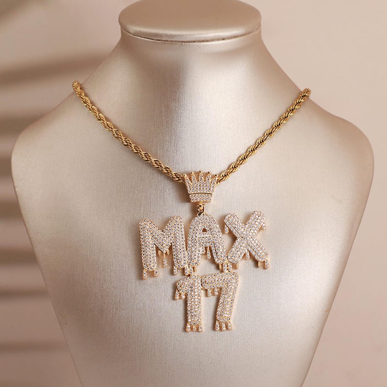 Custom Letters&Name Crown Pendant Necklace, Icy Bling Drip Letters Necklace Gold Filled, Custom Hip-hop Jewelry Unisex, Personalised Gifts image 2