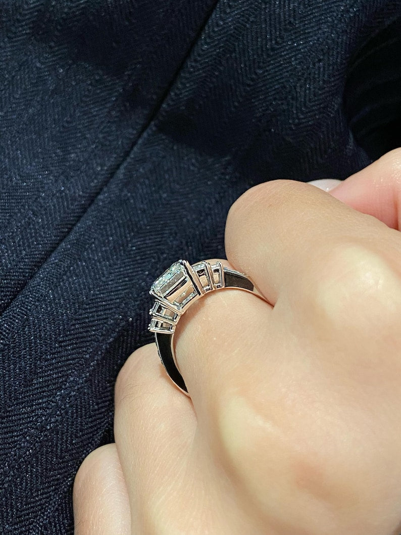 3 Carat E Color VS1 Clarity IGI CERTIFIED Emerald Cut Lab Grown Diamond Engagement Ring 14k White Gold Ring, Side Baguettes Diamonds image 3