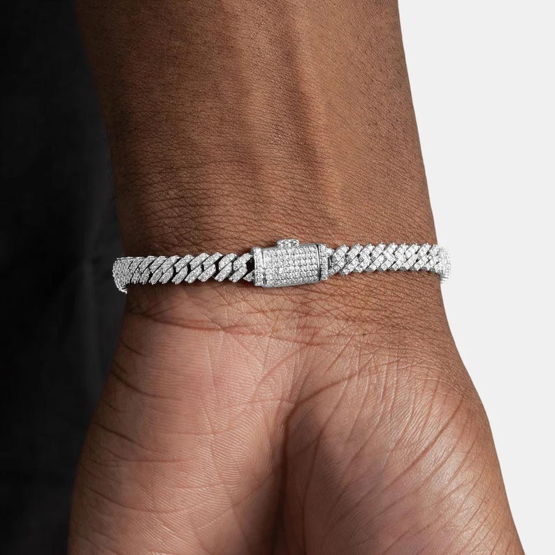 5mm Diamond Prong Cuban Bracelet White Gold, Iced Out Mens Bling Jewelry, Hip Hop Bracelet image 3