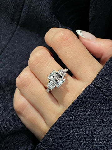 3 Carat E Color VS1 Clarity IGI CERTIFIED Emerald Cut Lab Grown Diamond Engagement Ring 14k White Gold Ring, Side Baguettes Diamonds image 2