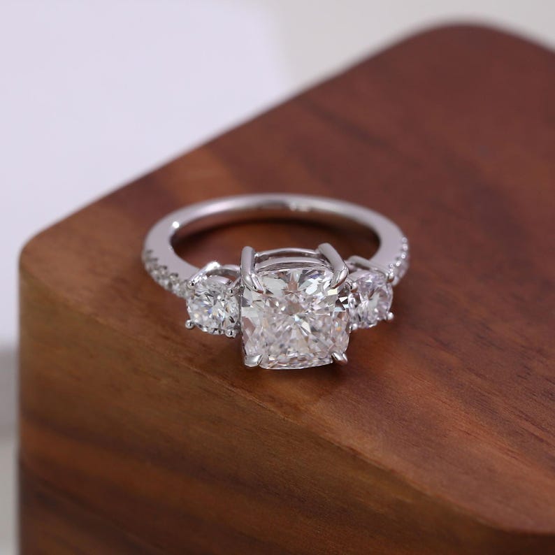Cushion Cut Diamond Three Stone Engagement Ring 2.60 CTW IGI Certified, 14K Solid Gold Pavé Band Ring, Lab Grown Diamond Bridal Jewelry. image 6