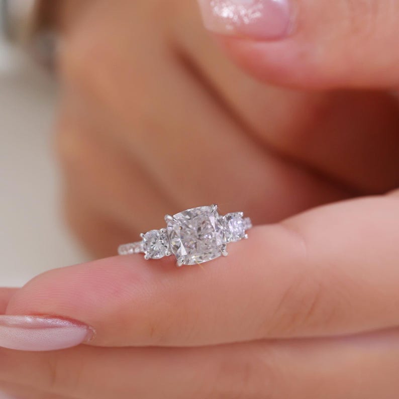 Cushion Cut Diamond Three Stone Engagement Ring 2.60 CTW IGI Certified, 14K Solid Gold Pavé Band Ring, Lab Grown Diamond Bridal Jewelry. image 4