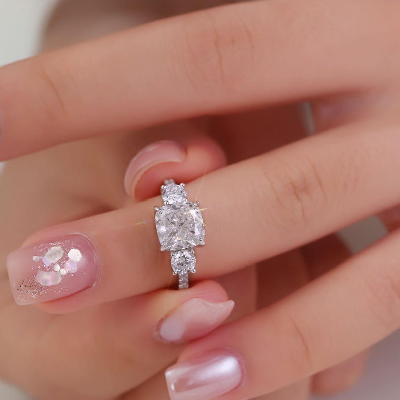 Cushion Cut Diamond Three Stone Engagement Ring 2.60 CTW IGI Certified, 14K Solid Gold Pavé Band Ring, Lab Grown Diamond Bridal Jewelry. image 3