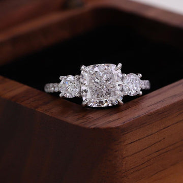 Cushion Cut Diamond Three Stone Engagement Ring 2.60 CTW IGI Certified, 14K Solid Gold Pavé Band Ring, Lab Grown Diamond Bridal Jewelry. image 2