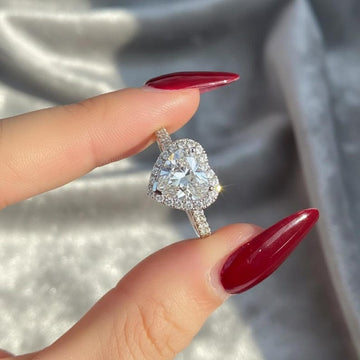2.20 CT Heart Moissanite Engagement Ring, Halo Pavé Cathedral Band, 14K White Gold Heart Shaped Wedding Ring, Love Heart diamond ring image 1