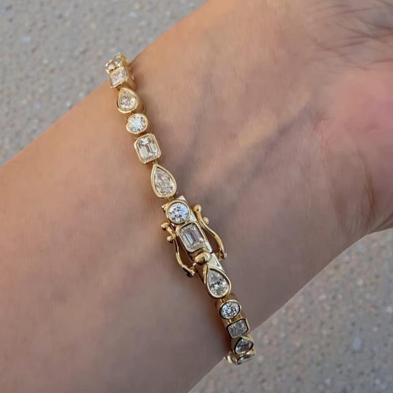 Multi-Shape Moissanite Tennis Bracelet | Gold Finish, Bezel Set image 8