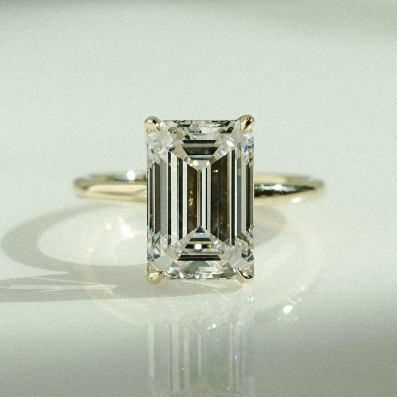 4CT Emerald Cut Tulip Set Moissanite Engagement Ring 14K Solid Yellow Gold Wedding Ring, Anniversary Ring For Women, Promise & Proposal Ring image 3