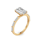 Load image into Gallery viewer, 18k yellow gold lab grown emerald cut and baguette diamond side stone engagement ring.