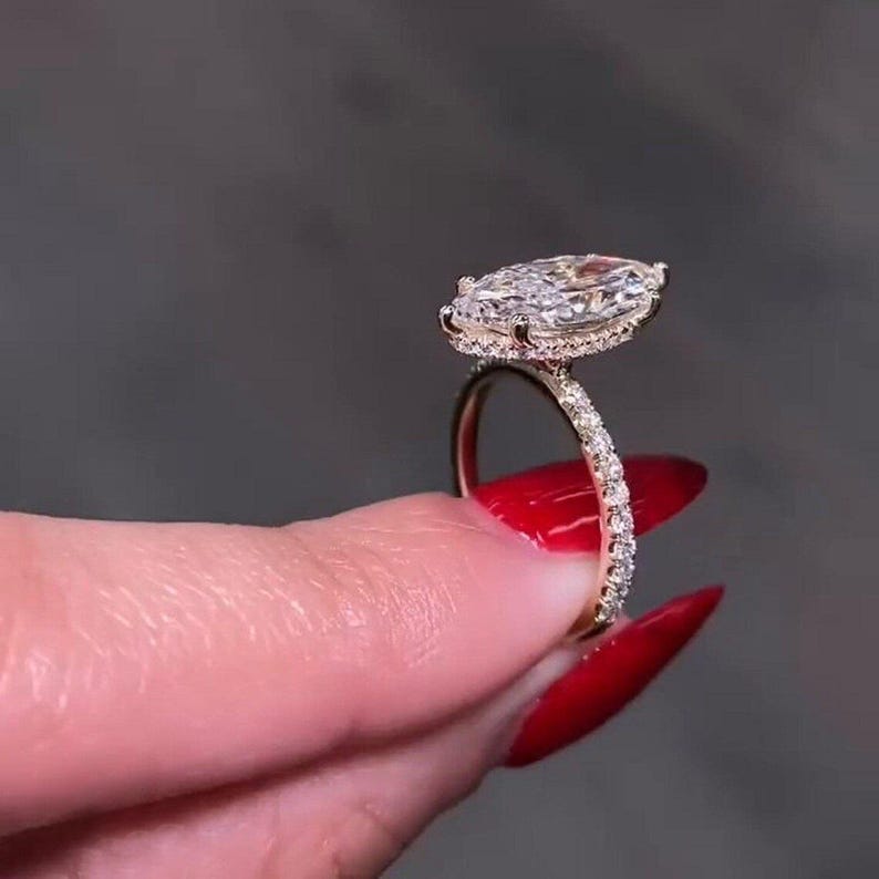 4 CT Marquise Cut Moissanite Engagement Ring, 14K Solid Gold 6 Prong With Hidden Halo Ring, Elongated Marquise Solitaire Bridal Wedding Ring image 6