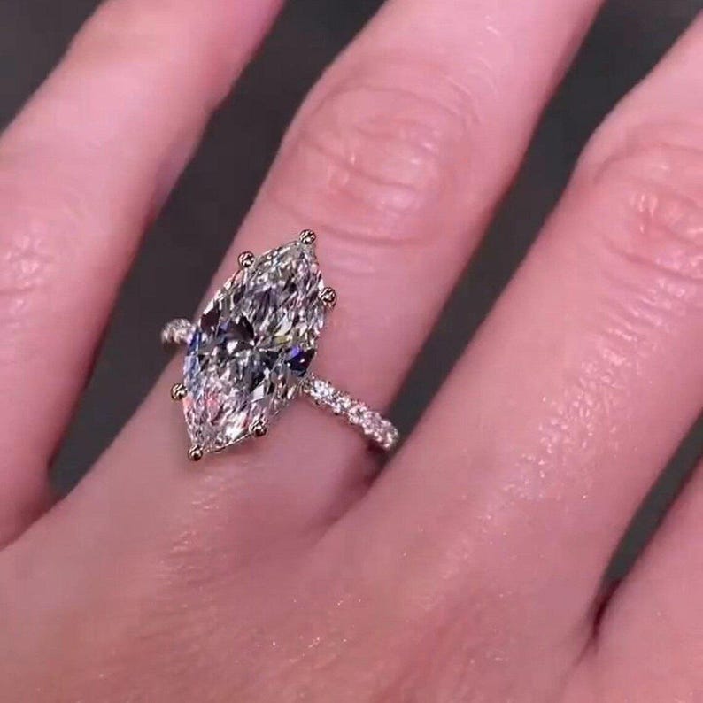 4 CT Marquise Cut Moissanite Engagement Ring, 14K Solid Gold 6 Prong With Hidden Halo Ring, Elongated Marquise Solitaire Bridal Wedding Ring image 8