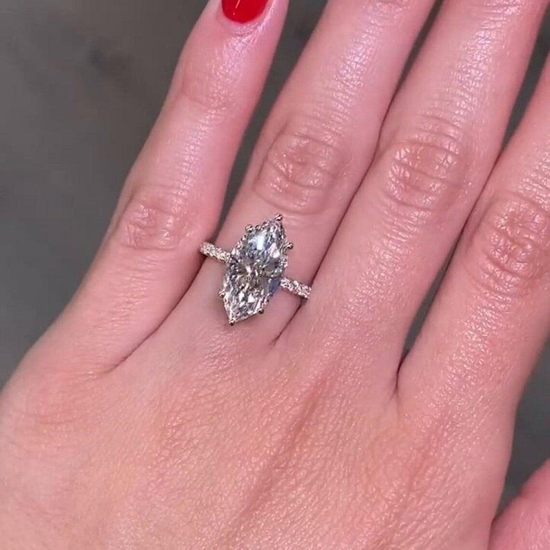 4 CT Marquise Cut Moissanite Engagement Ring, 14K Solid Gold 6 Prong With Hidden Halo Ring, Elongated Marquise Solitaire Bridal Wedding Ring image 5