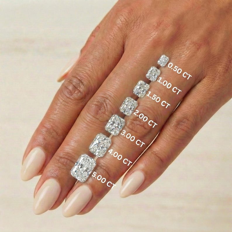 Lab grown radiant cut diamond with sizes 0.50 ct, 1 ct, 1.50 ct, 2 ct, 3 ct, 4 ct, 5 ct