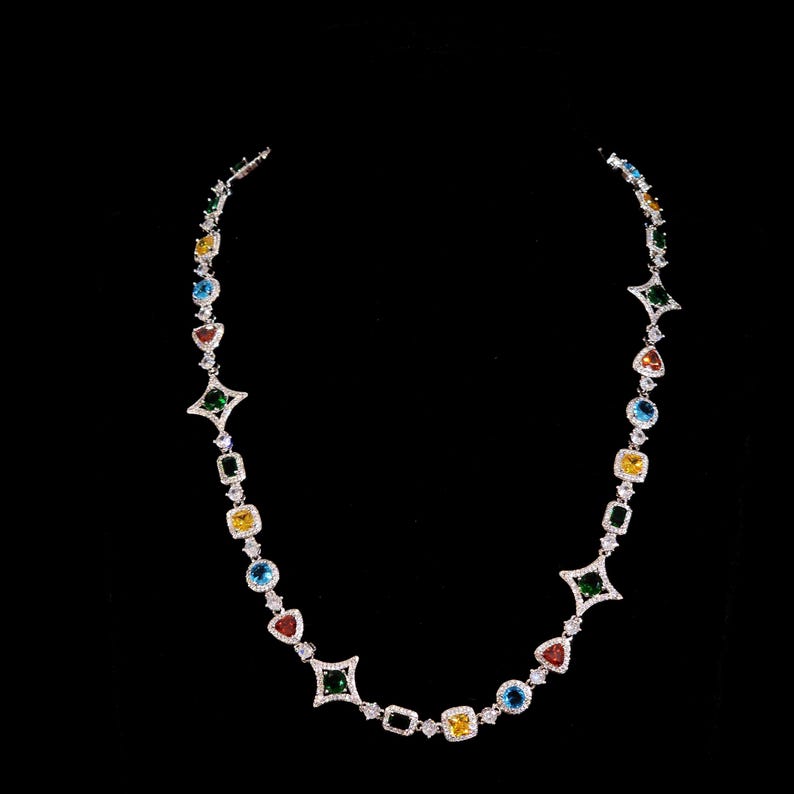 Iced Out Multi-Color Geometric Silver Gold Diamond Necklace Chain, Hip Hop Jewelry for Women image 8