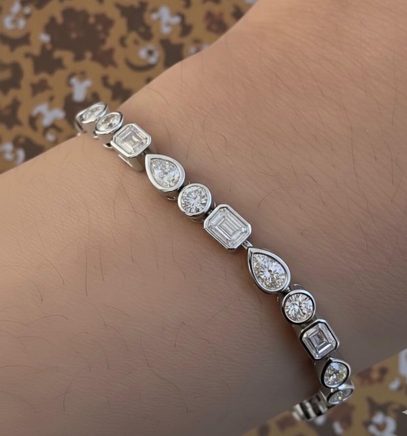 Multi-Shape Moissanite Tennis Bracelet | Gold Finish, Bezel Set image 2