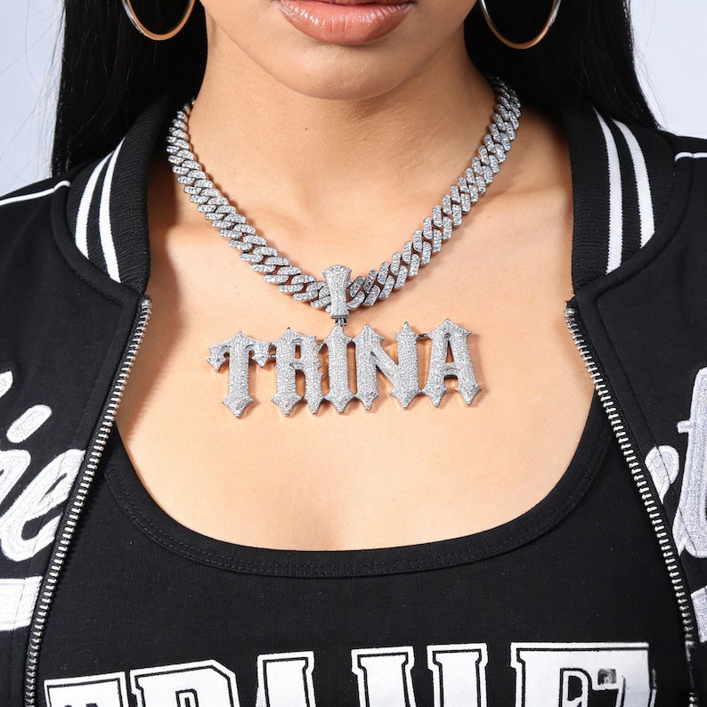 Iced Out Thorn Letters Pendant with Cuban Link Chain, Name Plate Necklace, Bling Letters&Mumbers Pendants, Personalised Women's Jewelry image 1