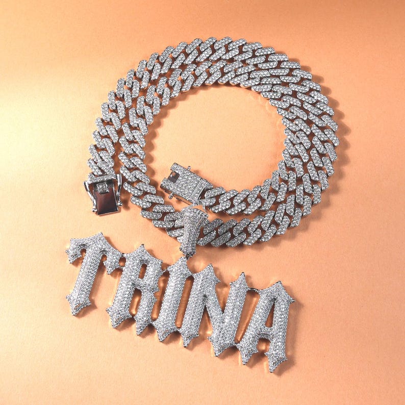 Iced Out Thorn Letters Pendant with Cuban Link Chain, Name Plate Necklace, Bling Letters&Mumbers Pendants, Personalised Women's Jewelry image 3