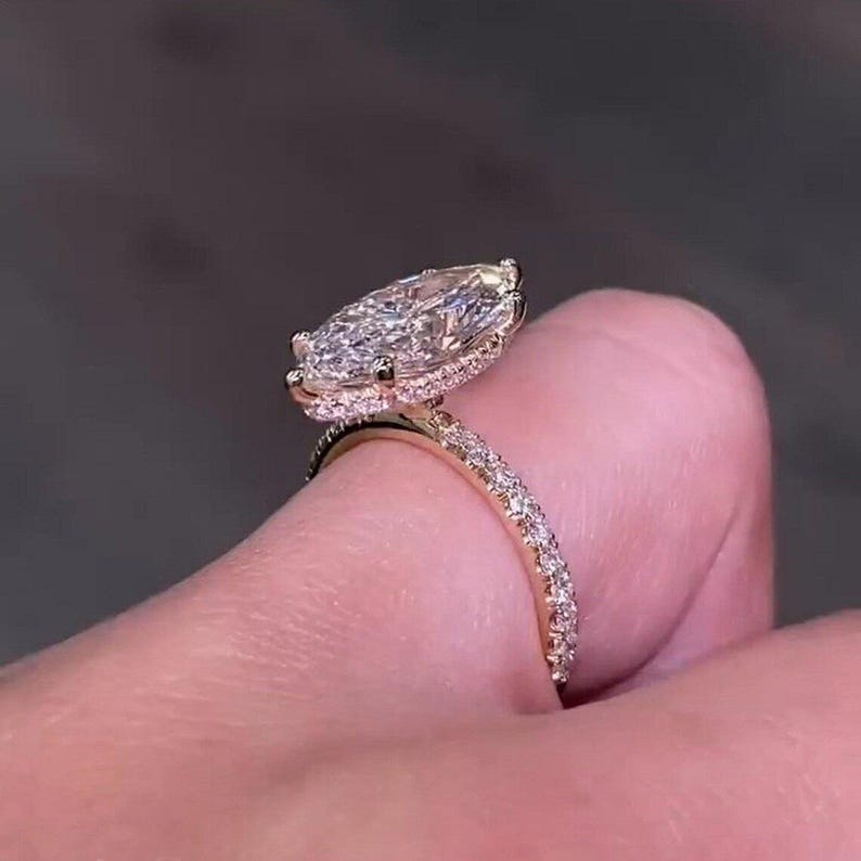 4 CT Marquise Cut Moissanite Engagement Ring, 14K Solid Gold 6 Prong With Hidden Halo Ring, Elongated Marquise Solitaire Bridal Wedding Ring image 1