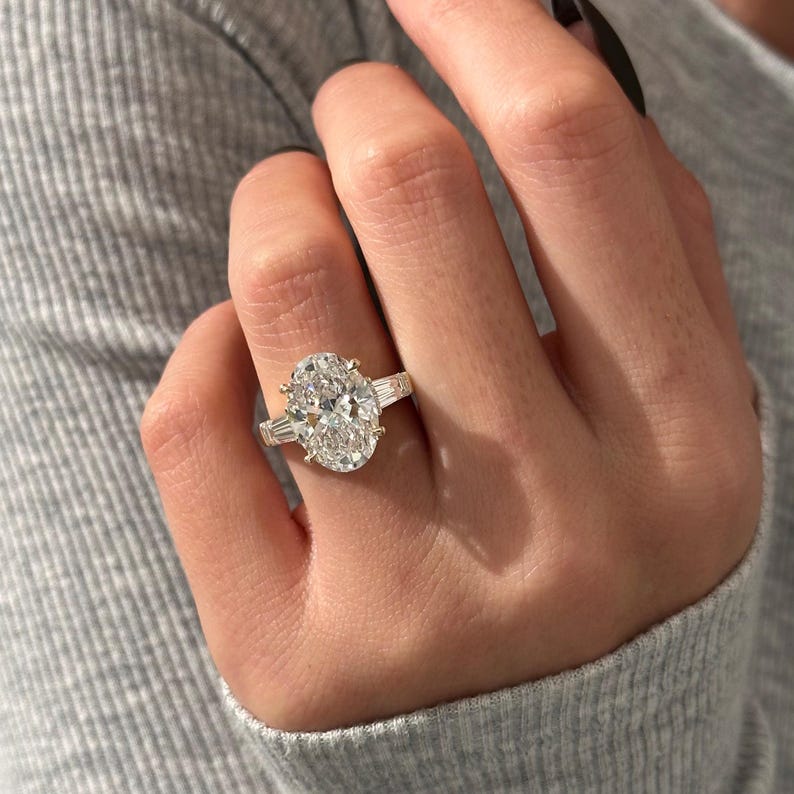 6 Carat Oval and Tapered Baguette Three Stone Ring in 14k Yellow Gold: Cathedral 3 Stone Engagement Ring, HUGH Oval Diamond Ring image 6