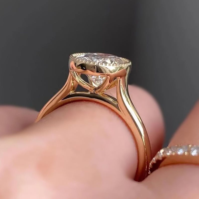 Oval Cut Lab Grown Diamond Bezel Ring, 14K Solid Gold Solitaire Engagement Ring image 2