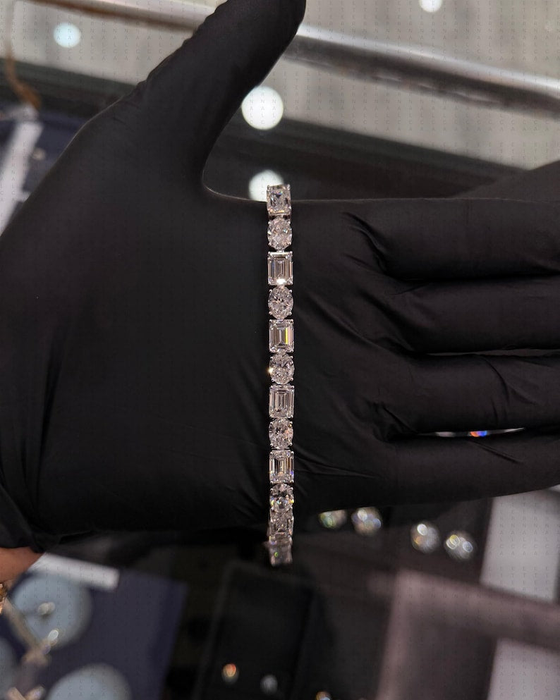 33 Carat Emerald & Oval Lab Diamond Tennis Bracelet, 14K White Gold Duo Cut Bracelet, Tennis Bracelet, Mens Bracelet, Womens Bracelet image 3