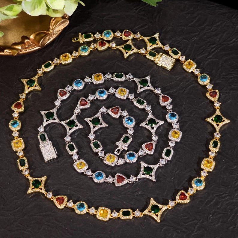 Iced Out Multi-Color Geometric Zircon Diamond Necklace Chain