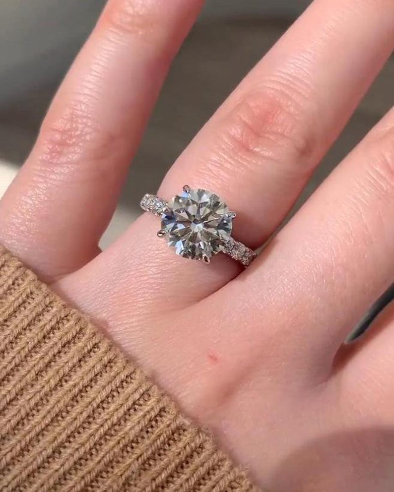 Big Diamond 3 Ct Round Cut Moissanite Engagement Ring, Vintage Pave Set, 4 Claw Prong Solid Gold Anniversary Ring, Ring For Birthday Gift image 5