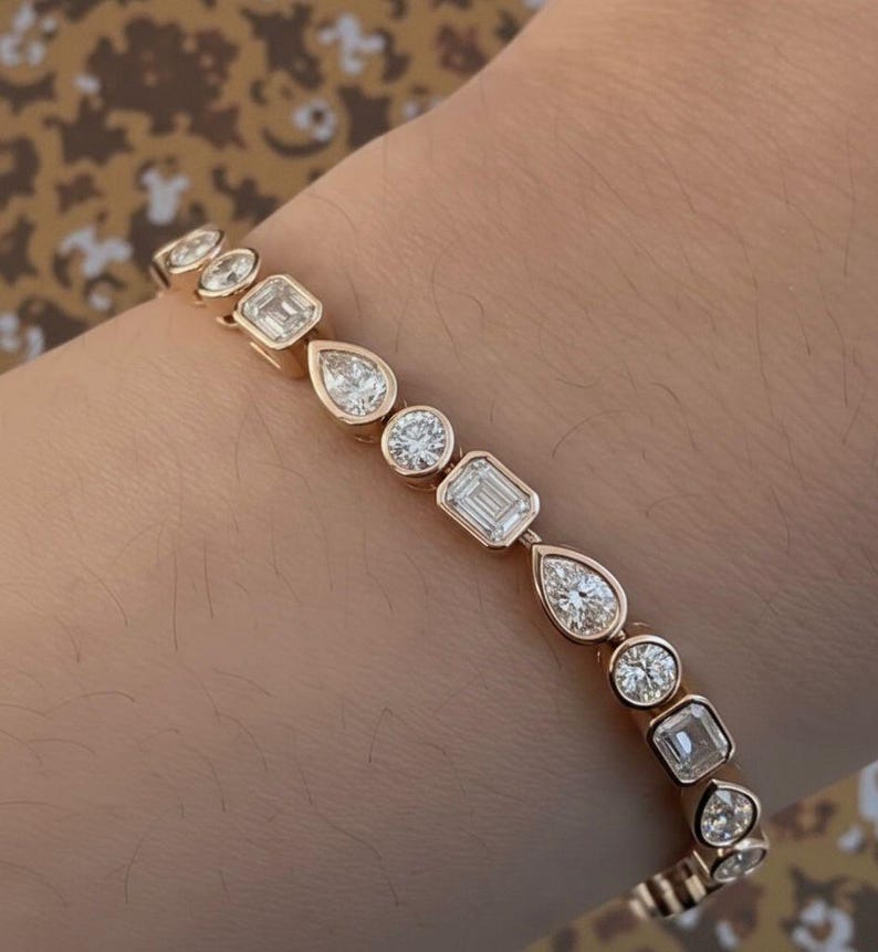 Multi-Shape Moissanite Tennis Bracelet | Gold Finish, Bezel Set image 3