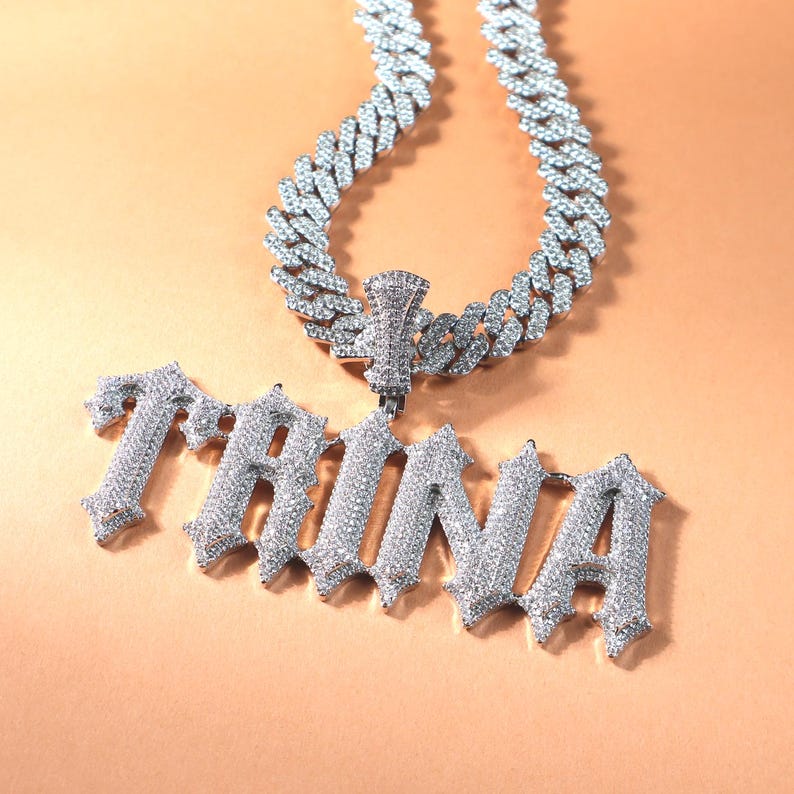 Iced Out Thorn Letters Pendant with Cuban Link Chain, Name Plate Necklace, Bling Letters&Mumbers Pendants, Personalised Women's Jewelry image 2