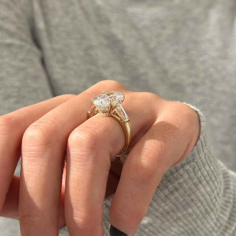 6 Carat Oval and Tapered Baguette Three Stone Ring in 14k Yellow Gold: Cathedral 3 Stone Engagement Ring, HUGH Oval Diamond Ring image 4