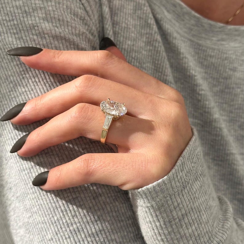 6 Carat Oval and Tapered Baguette Three Stone Ring in 14k Yellow Gold: Cathedral 3 Stone Engagement Ring, HUGH Oval Diamond Ring image 3