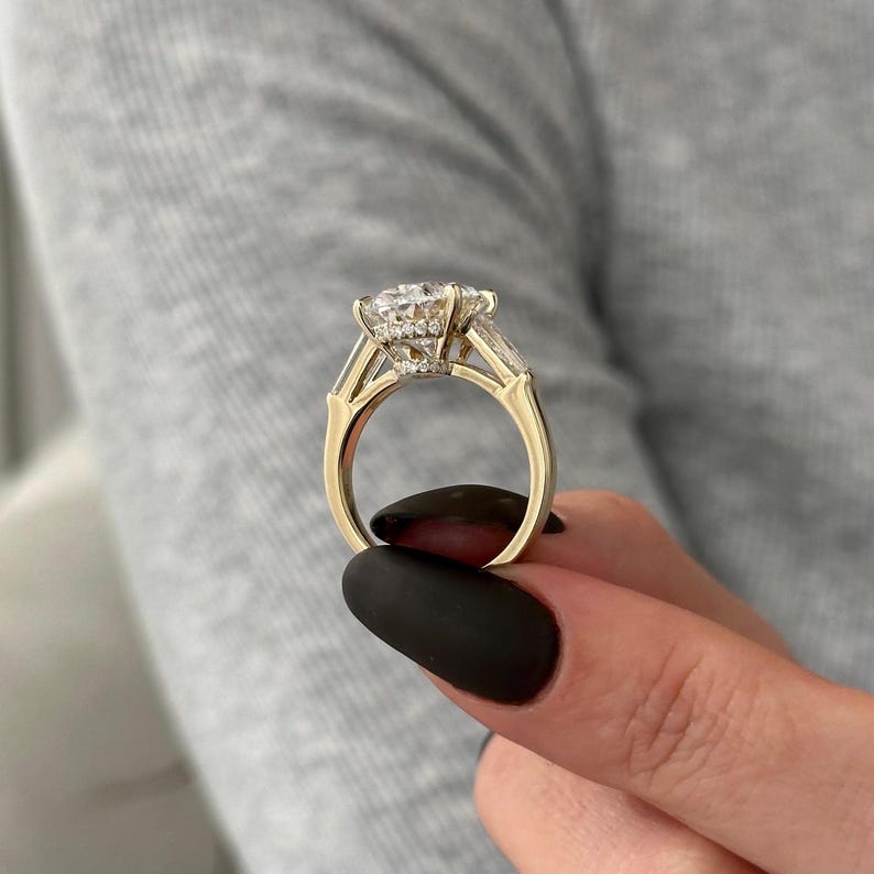 6 Carat Oval and Tapered Baguette Three Stone Ring in 14k Yellow Gold: Cathedral 3 Stone Engagement Ring, HUGH Oval Diamond Ring image 5