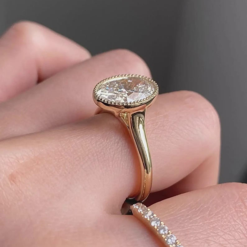 Oval Cut Lab Grown Diamond Bezel Ring, 14K Solid Gold Solitaire Engagement Ring image 5