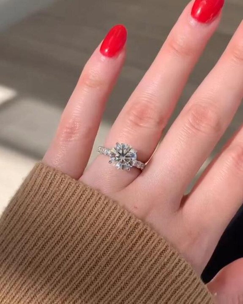 Big Diamond 3 Ct Round Cut Moissanite Engagement Ring, Vintage Pave Set, 4 Claw Prong Solid Gold Anniversary Ring, Ring For Birthday Gift image 6