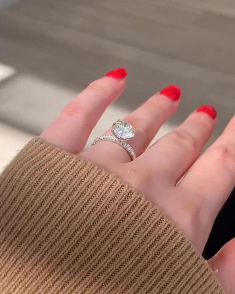 Big Diamond 3 Ct Round Cut Moissanite Engagement Ring, Vintage Pave Set, 4 Claw Prong Solid Gold Anniversary Ring, Ring For Birthday Gift image 9